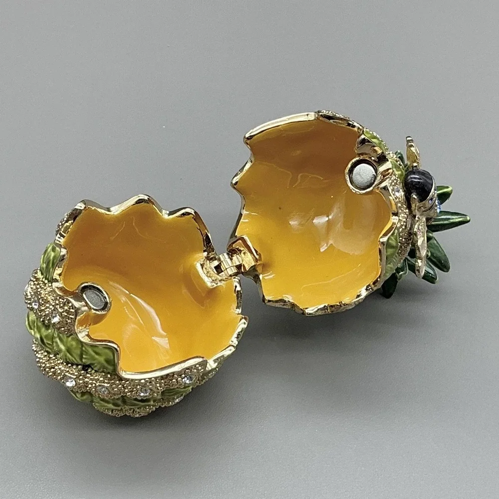 Pineapple Trinket Box Green Enamel Bee Crystals Magnetic Hinged Jewelry Decor